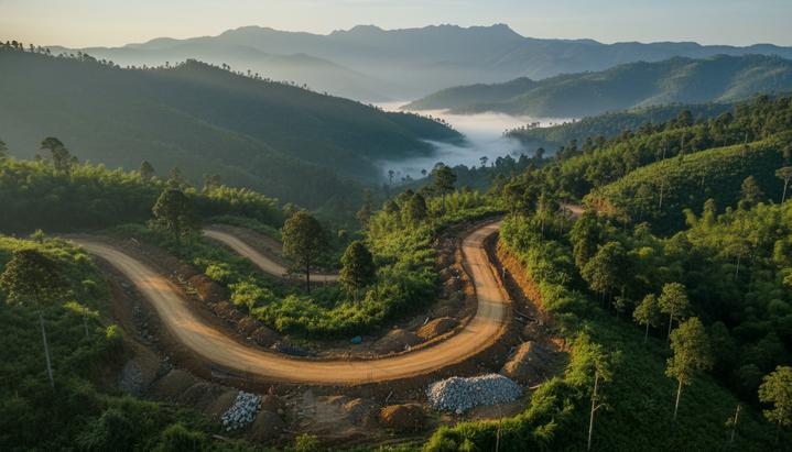 Горный пейзаж Нагаленда: недостроенная грунтовая дорога вьется среди густых зеленых холмов, окутанных туманом.