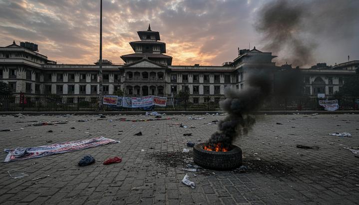 Пустынная улица в Катманду после протестов. На брусчатке мусор и обгоревшие предметы, на заднем плане – здание парламента Непала.