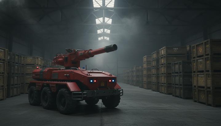 Красный шестиколесный робот-пожарный стоит в ангаре военного склада среди рядов ящиков и контейнеров с боеприпасами.