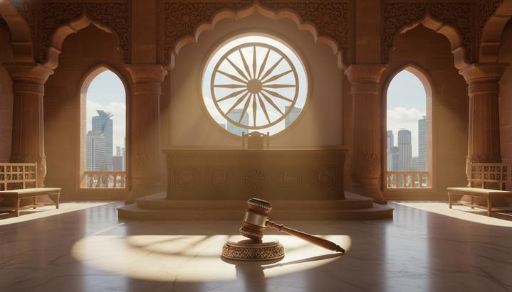 Зал верховного суда Индии с деревянной мебелью. Судейский молоток лежит на столе в луче света, падающем из окна, на фоне размытого вида на финансовый район.