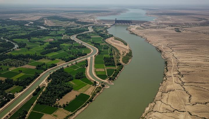 Вид с воздуха на реку Инд, где плотина сдерживает воду, а ирригационные каналы питают зеленые поля рядом с засушливой потрескавшейся землей.