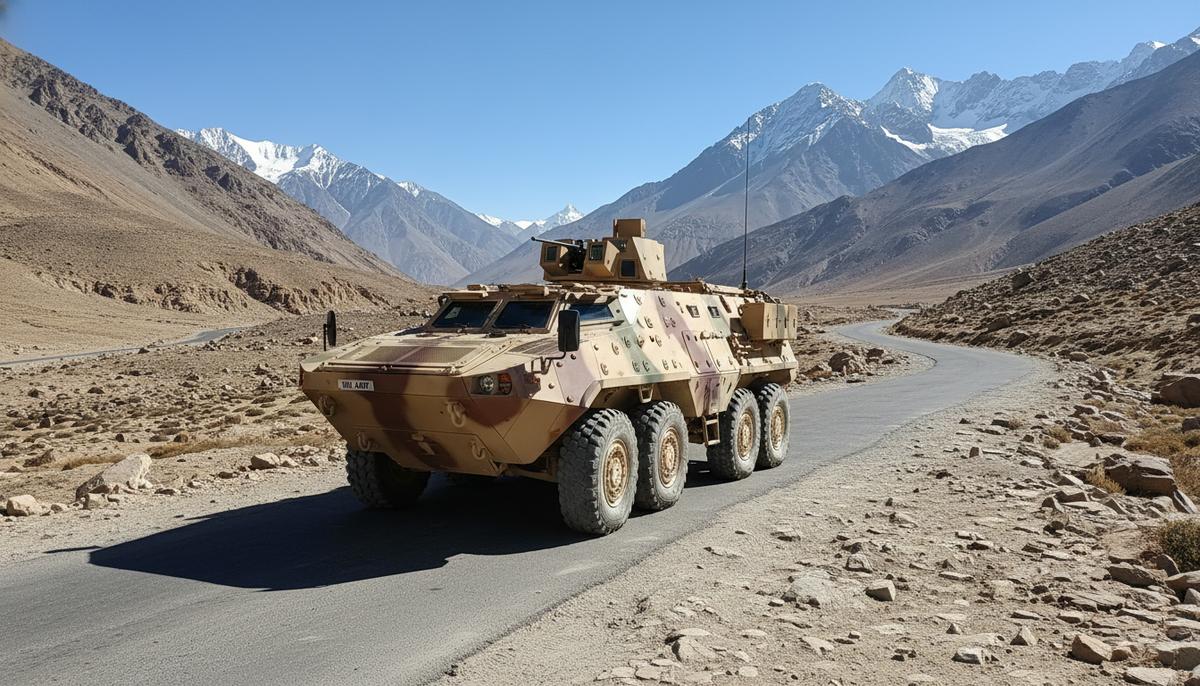 Индийский колесный бронетранспортер Tata WhAP 8x8 на горной дороге в скалистом, пустынном ландшафте Гималаев в Ладакхе.
