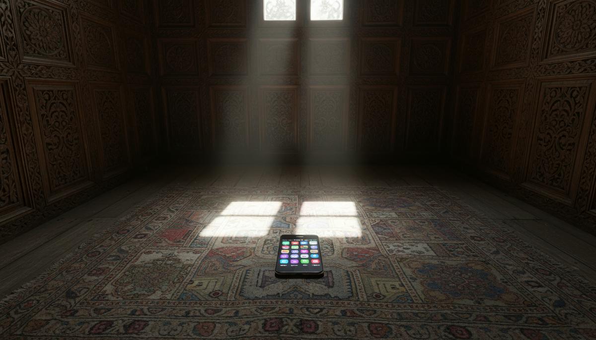 Современный смартфон со светящимся экраном лежит на полу в старинной кашмирской комнате с резными деревянными стенами.