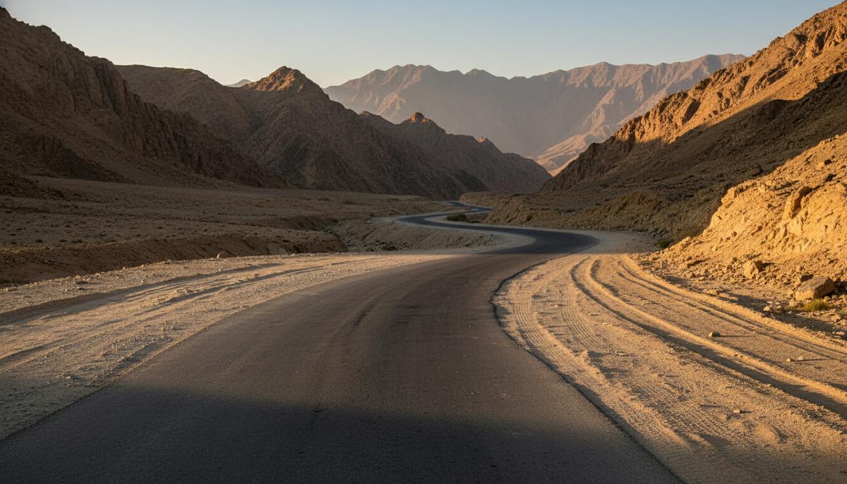 Пустая асфальтированная дорога, вьющаяся среди суровых и засушливых гор долины Тирах в Пакистане на рассвете. На обочине видны следы.