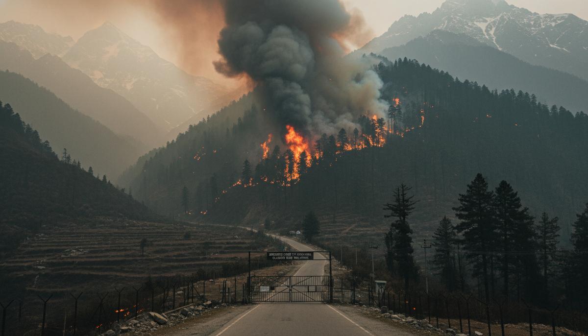 Лесной пожар в Гималаях: новый вызов для торговли Непала и Китая Густой дым от лесного пожара поднимается над склоном горы в Гималаях. У подножия видна пустая дорога, ведущая к закрытому пограничному пункту.