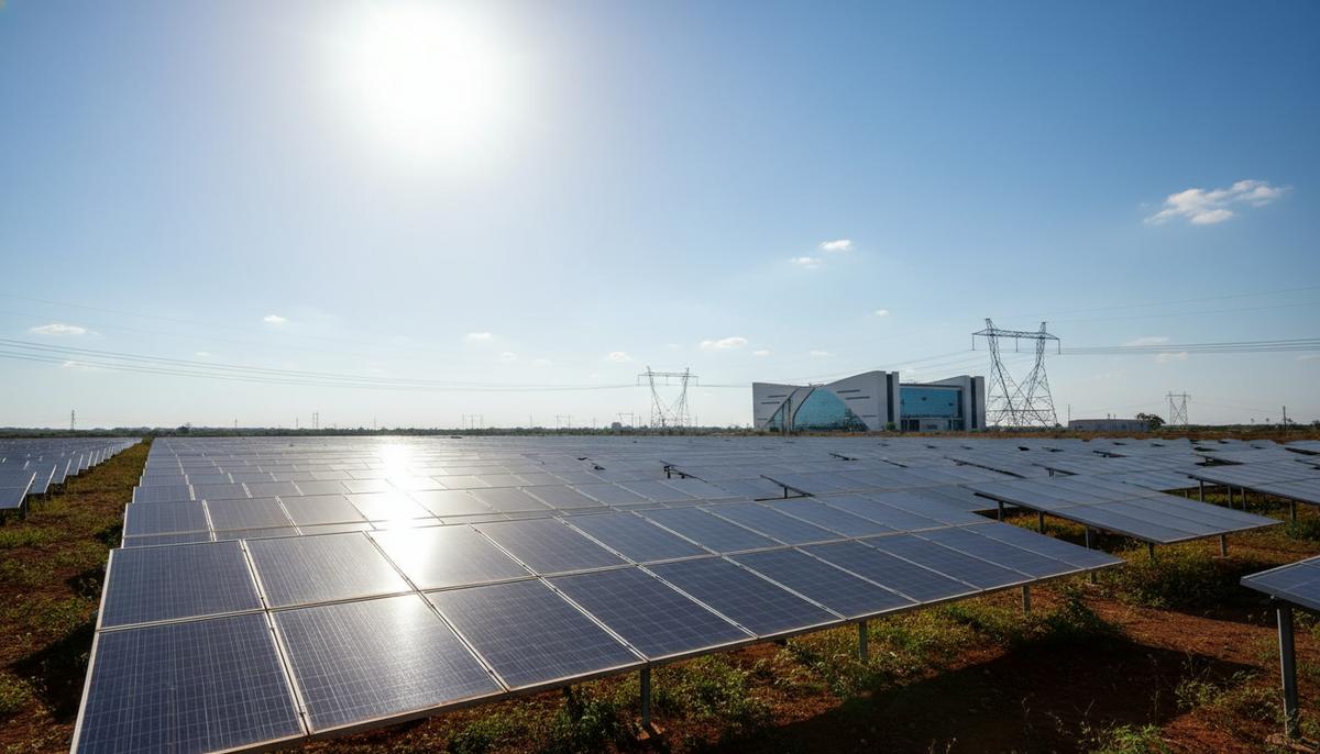 Новая ось Берлин – Нью-Дели: что принес первый азиатский визит канцлера ФРГ Солнечная электростанция с рядами панелей в индийском пейзаже и современный технологический завод на заднем плане.