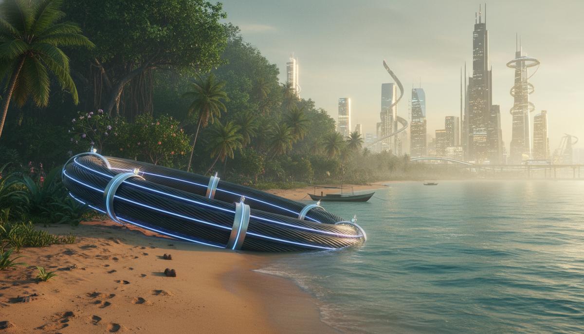 Цифровое будущее АСЕАН: блестящий план или ловушка технологической зависимости Толстый пучок оптоволоконных подводных кабелей выходит из океана на тропический пляж в Юго-Восточной Азии.