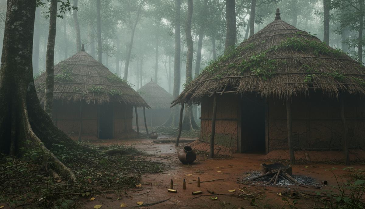 Дедлайн для наксалитов: какой ценой Индия борется с повстанцами? Покинутая племенная деревня с хижинами из глины и соломы в туманных джунглях Индии. На земле лежат гильзы.