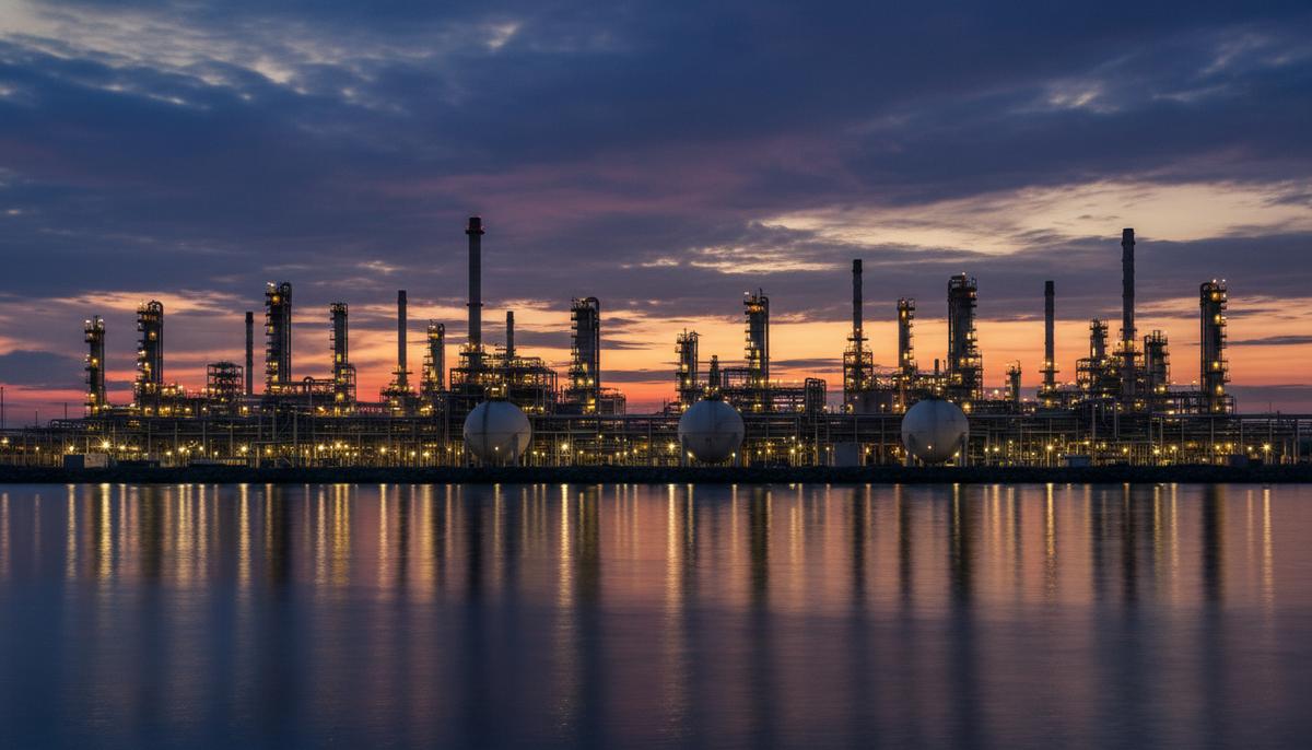 Нефть и сила: чему венесуэльский кризис научил Бангладеш Промышленный пейзаж: нефтеперерабатывающий завод с резервуарами и трубами на берегу моря в сумерках.