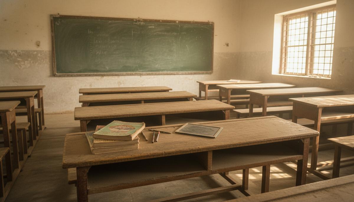 Пустая классная комната в индийской сельской школе. Ряды старых деревянных парт, школьная доска на стене, солнечный свет из окон.