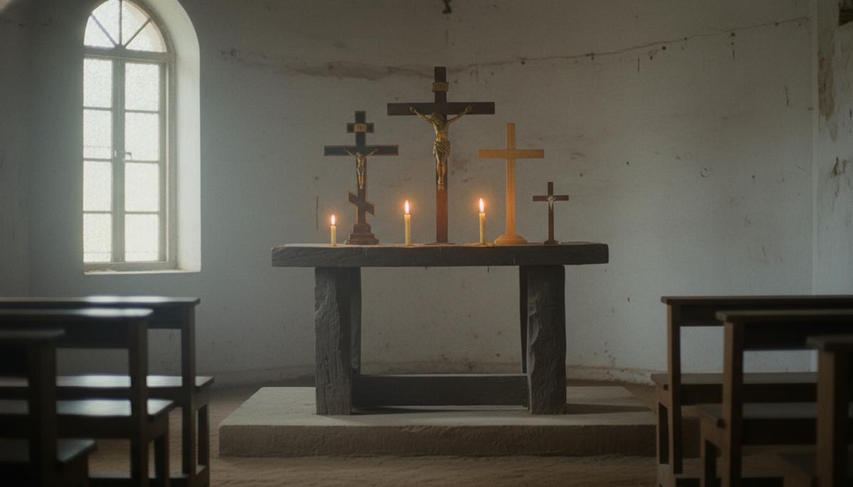 Интерьер индийской церкви с простым алтарем, на котором стоят кресты разных христианских конфессий и горят свечи.