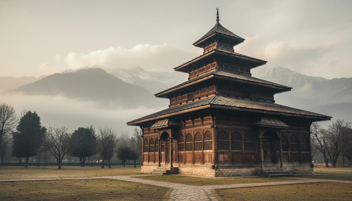 Старинная кашмирская мечеть с традиционной деревянной архитектурой и многоярусной крышей на фоне туманных гор.