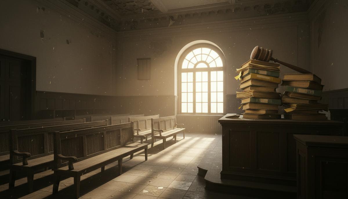 Правосудие в Пакистане: показательный процесс или системный паралич? Пустой зал суда в Пакистане с деревянной мебелью, на столе судьи лежит молоток на огромной стопке папок с делами.