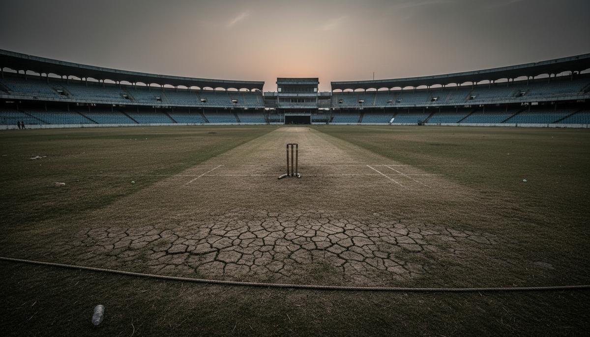 Пустое поле для крикета в сумерках, с потрескавшейся землей и поваленной калиткой, на фоне безлюдных трибун.