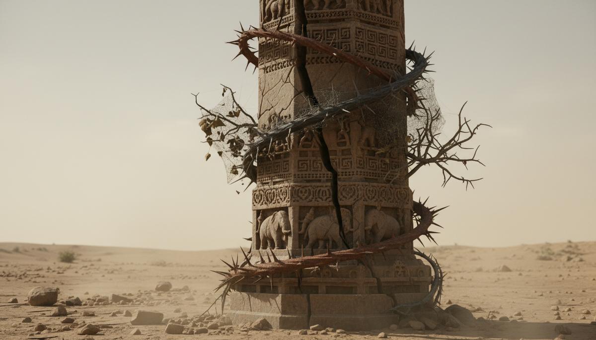 Старинная каменная колонна с индийским орнаментом, покрытая трещинами и обвитая тремя видами колючих растений.