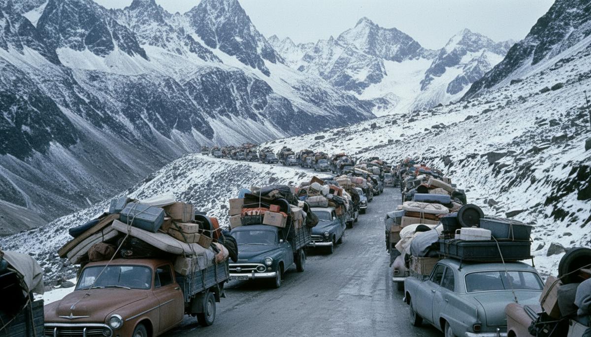 Колонна перегруженных вещами грузовиков и машин на заснеженной горной дороге в пакистанской долине Тирах.