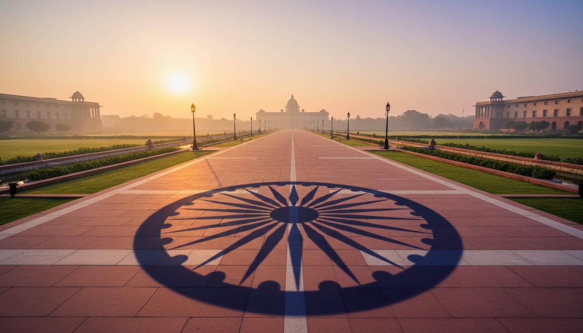 Больше чем демократия: индийская республика проходит стресс-тест Пустой проспект Картавья Патх в Нью-Дели на рассвете с большой тенью от колеса Ашока Чакра на переднем плане.