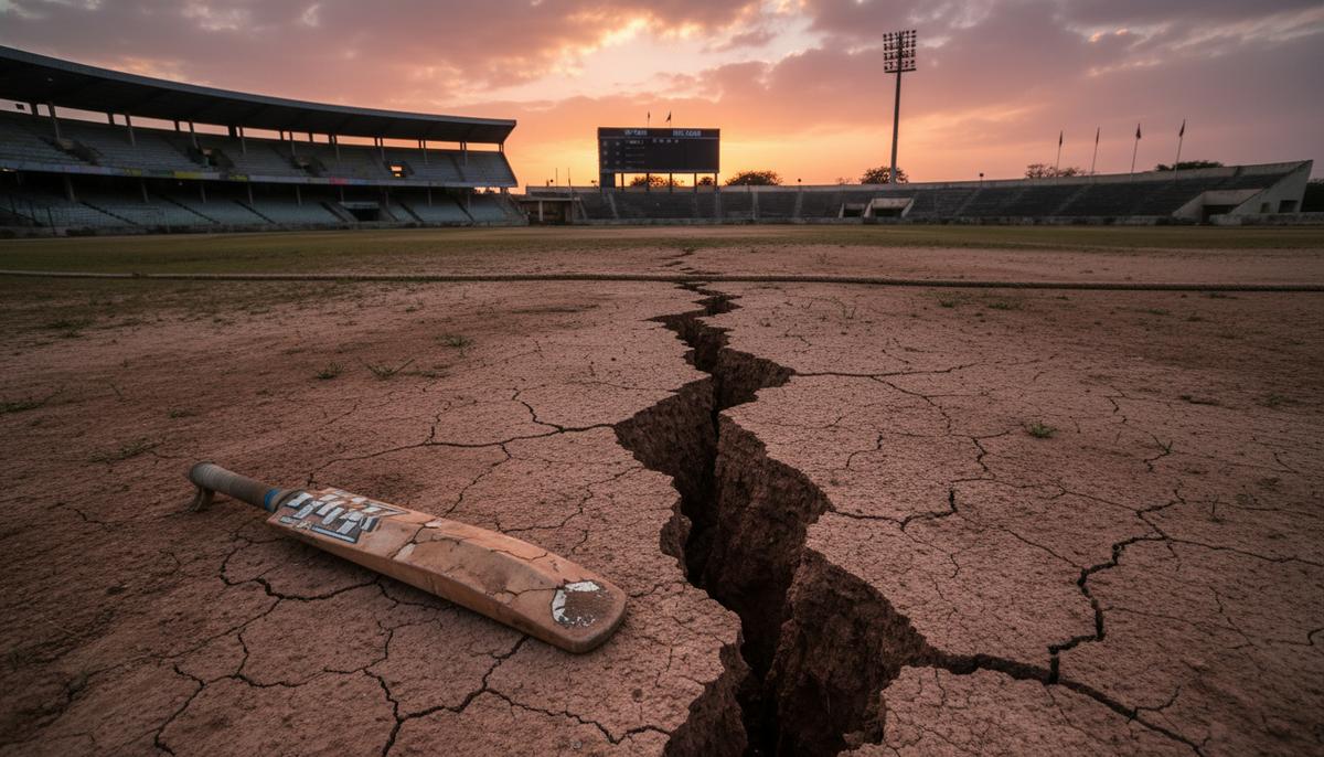 Пустой крикетный стадион на закате. На игровом поле видна большая трещина, а рядом лежит сломанная бита для крикета.