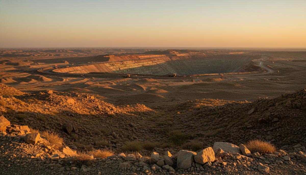 Огромный карьер по добыче меди в скалистой пустыне района Чагай, Пакистан. На рассвете видны террасы рудника.
