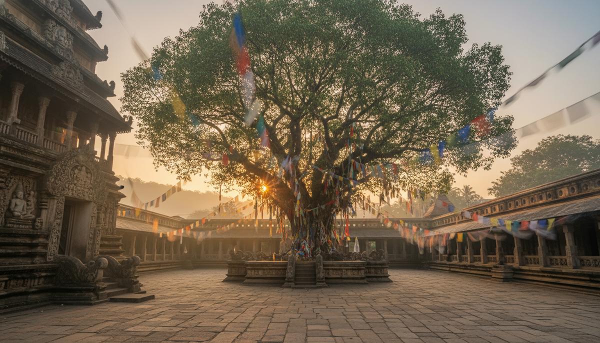 Древний буддийский храм на Шри-Ланке с большим священным деревом Бодхи и развевающимися молитвенными флагами во дворе.