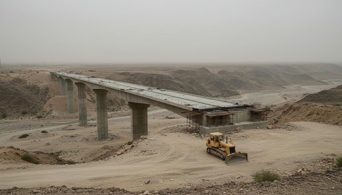 «Железная дружба» дала трещину: Пакистан становится риском для Китая Массивный недостроенный мост экономического коридора CPEC в пустынной горной долине Пакистана. Рядом стоит заброшенный бульдозер.