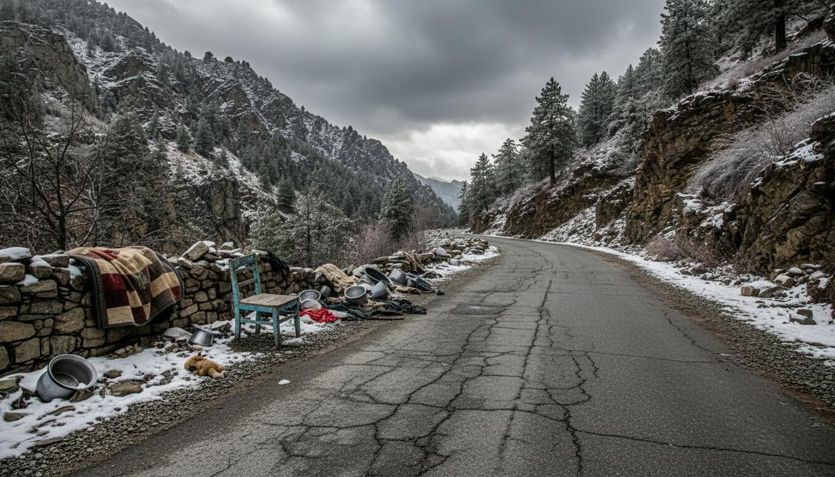 Два лица Пакистана: триумф в Давосе и исход из долины Тирах Пустынная горная дорога в заснеженной долине Тирах, Пакистан. На обочине брошенные личные вещи жителей.