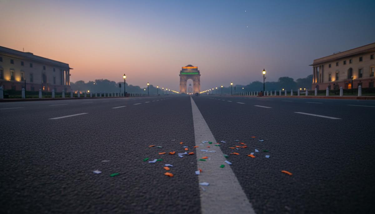 День Республики в Индии: блеск парадов и тень на конституции Пустой парадный проспект Картавья Патх в Нью-Дели в сумерках. Вдалеке виднеются Ворота Индии, на асфальте лежит конфетти.