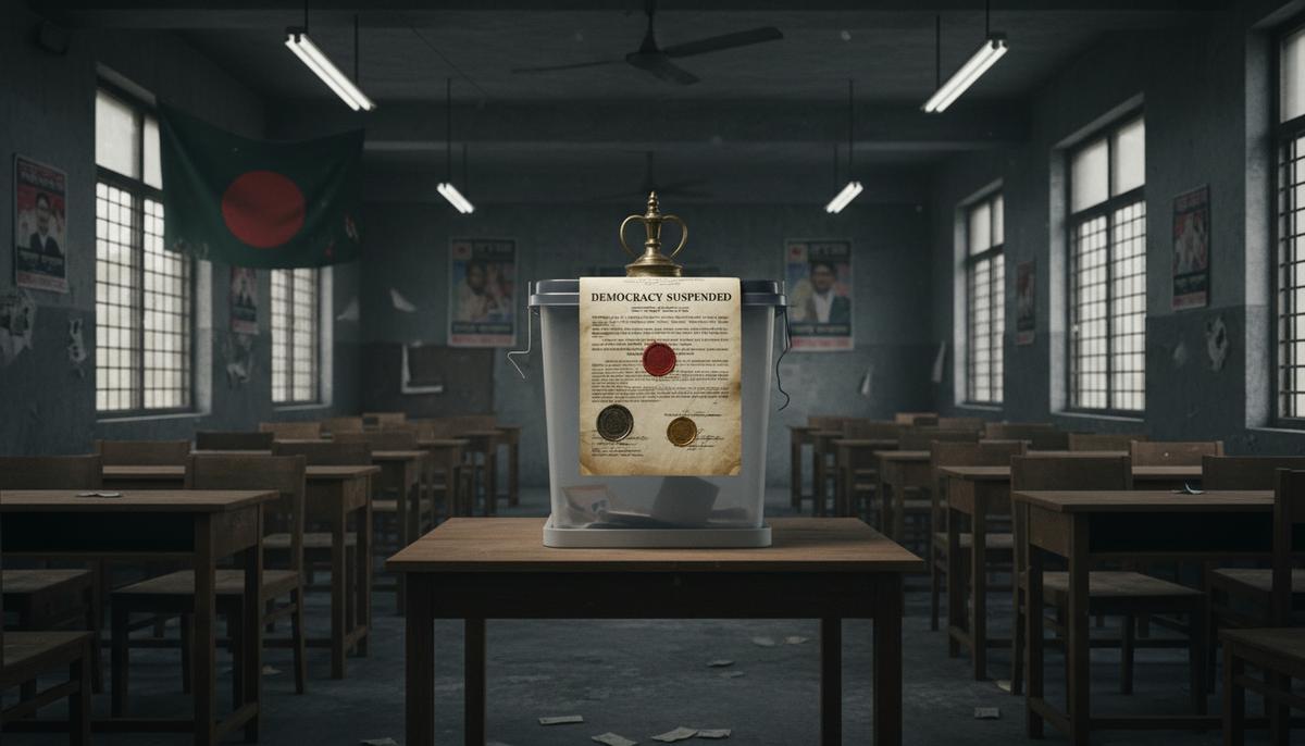 Пустой избирательный участок в Бангладеш. Прозрачная урна для голосования, прорезь которой перекрыта официальным документом с печатью.