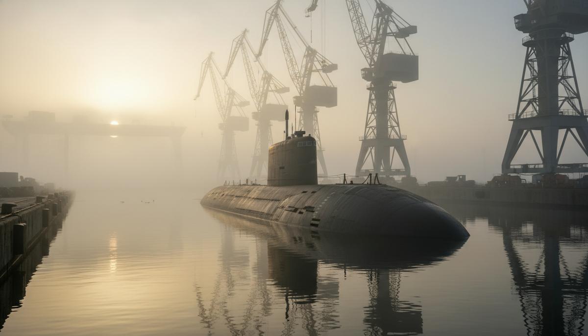 Призрак Hangor: изменит ли пакистанская подлодка баланс сил с Индией Темный корпус подводной лодки класса Hangor, частично погруженной в воду в промышленном доке судоверфи на рассвете.