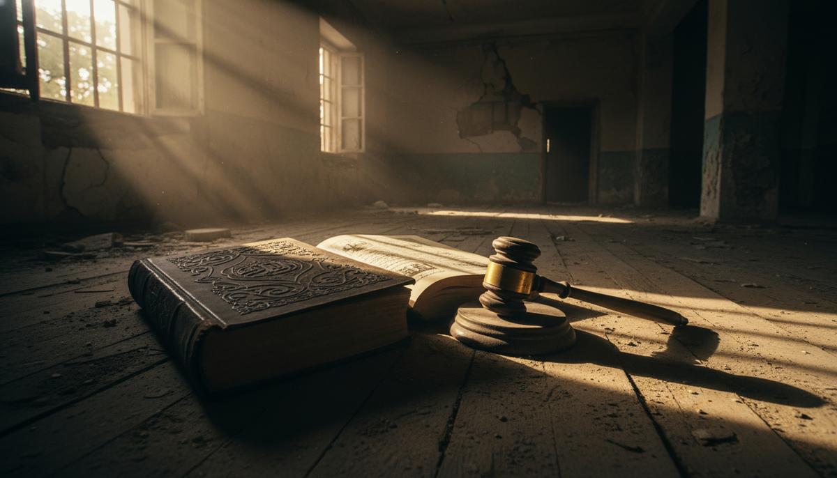 Новый кодекс Талибана в Афганистане: четыре класса и тотальный контроль Большая книга законов и судейский молоток лежат на пыльном полу в заброшенном зале суда в Афганистане.