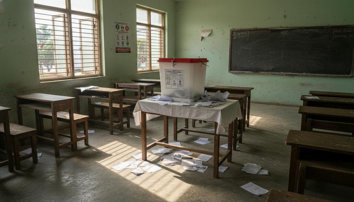 Выборы в Бангладеш: почему женщины оказались вне политической игры Пустая кабина для голосования и избирательная урна на столе в школьном классе в Бангладеш. Солнечный свет из окна создает длинные тени.