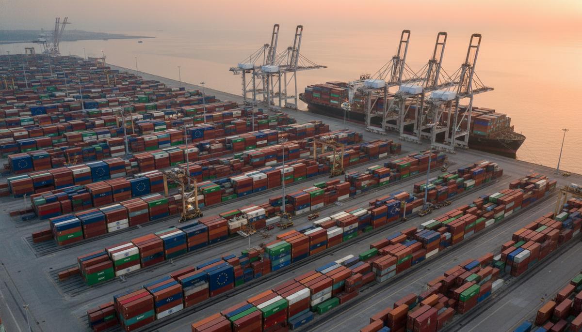 Исторический пакт Индии и ЕС: как новая сделка изменит мировую экономику Вид с воздуха на современный портовый терминал на рассвете. Контейнеровоз у причала и ряды грузовых контейнеров.