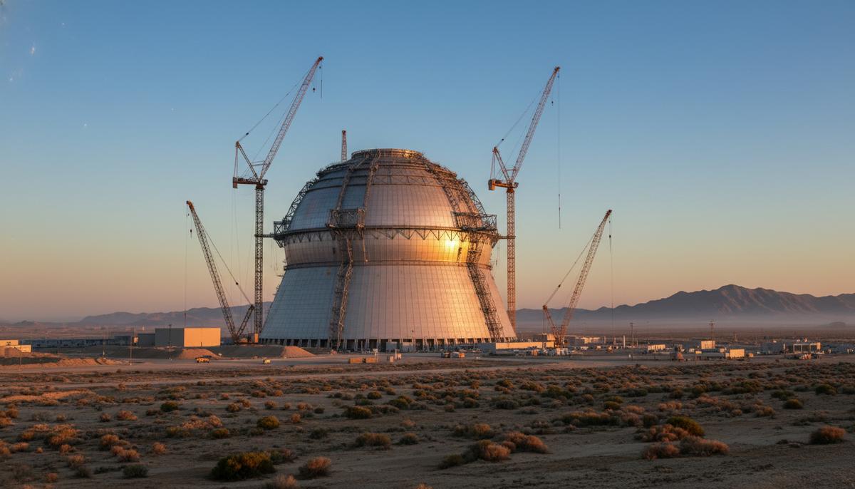 Атомный ренессанс Индии: 100 ГВт и триллионы инвестиций к 2047 году Современный купол реактора атомной электростанции на фоне индийского пейзажа на рассвете, рядом видны строительные краны.