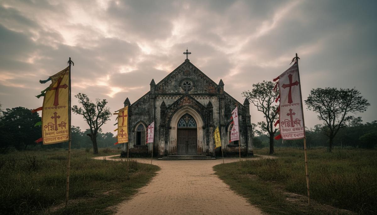 Старая католическая церковь Святого Николая в Газипуре, Бангладеш. Пустынная тропа ведет к храму на рассвете.