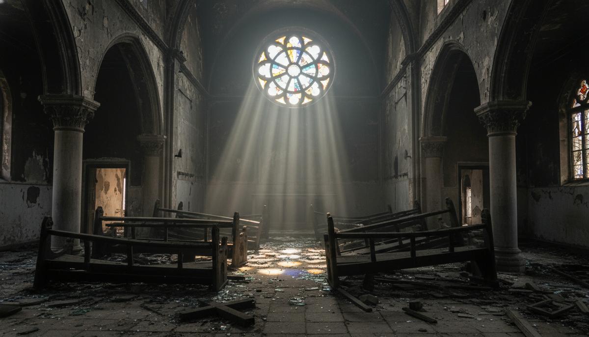 Разрушенный интерьер старой церкви в Пакистане. Солнечный свет падает сквозь разбитый витраж на обгоревшие скамьи и обломки.