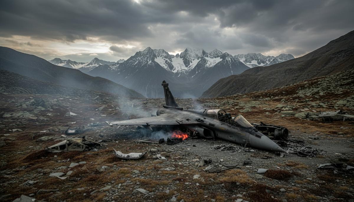 Обломки современного истребителя дымятся в пустынной горной долине на фоне заснеженных вершин.