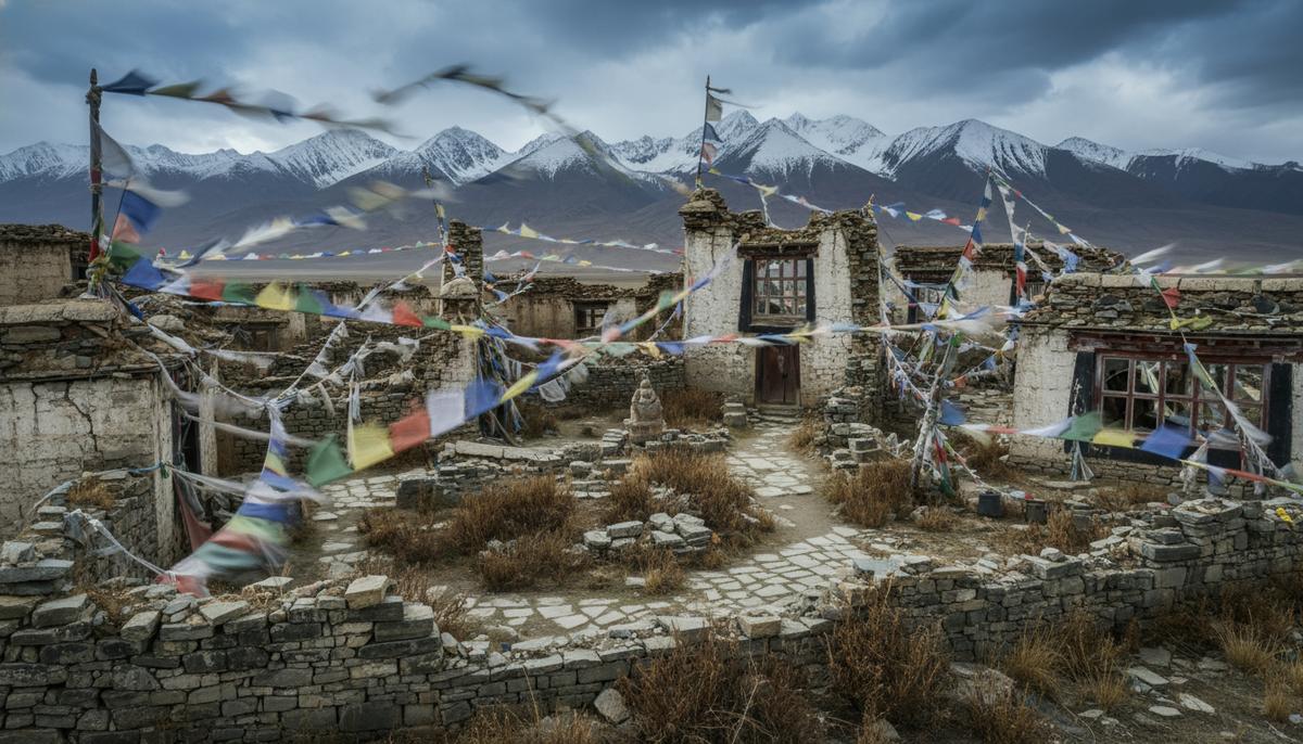 Руины старинного тибетского монастыря на фоне заснеженных гималайских гор. Потрепанные молитвенные флаги развеваются на ветру.