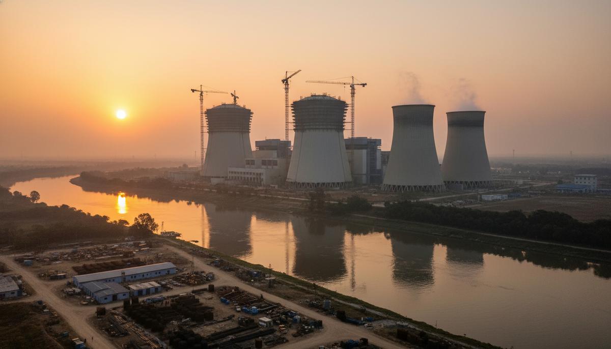 Атомная электростанция «Руппур» в Бангладеш на рассвете. Видны купола реакторов, градирни и строительные краны у реки.