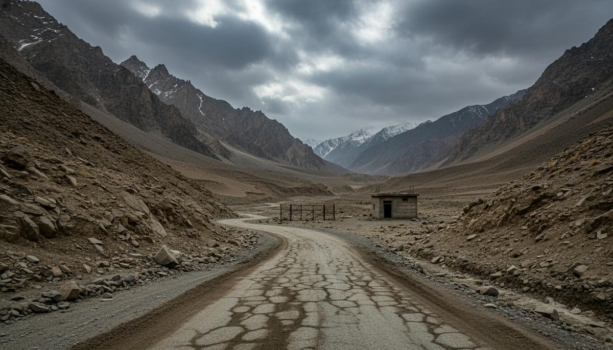 Пустынный горный перевал на границе Афганистана и Пакистана. Извилистая грунтовая дорога и одинокий пограничный пост вдалеке.
