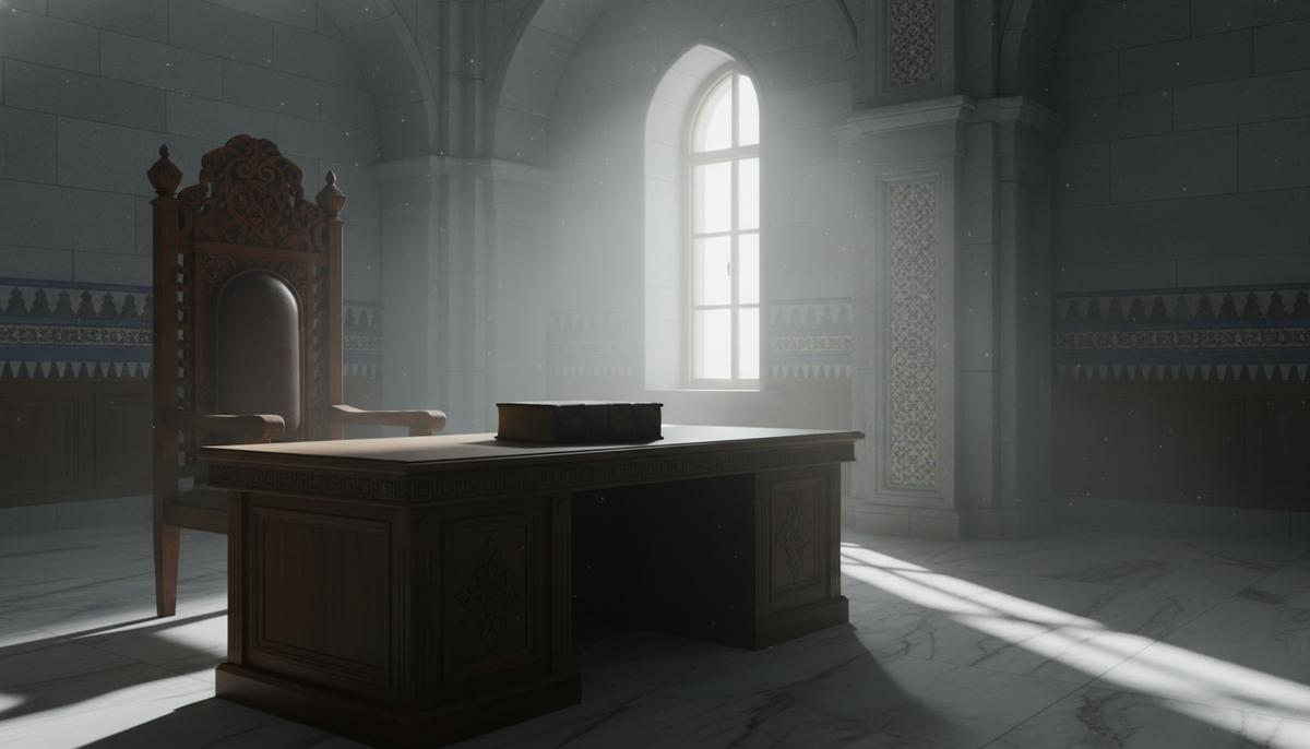 Закон страха: как Талибан переписывает правила жизни в Афганистане Пустой зал суда в Афганистане. За массивным столом стоит кресло судьи, на столе лежит книга законов. Мрачное освещение.