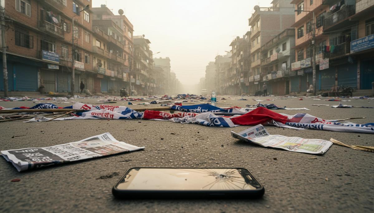 Поколение Z у власти: почему протесты в Бангладеш и Непале пошли по-разному Пустая городская улица в Южной Азии после акции протеста. На асфальте лежат порванные плакаты и разбитый смартфон.