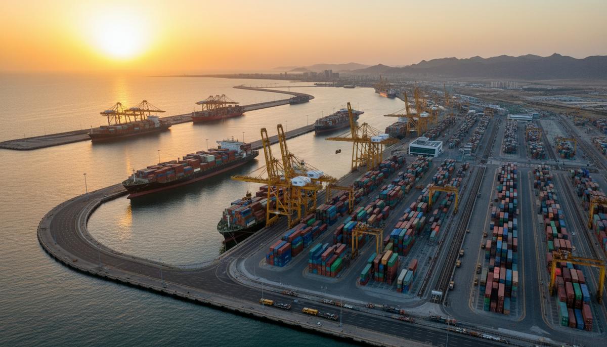 Вид с воздуха на современный пакистанский порт на рассвете: большие корабли, краны, контейнеры на фоне Аравийского моря.