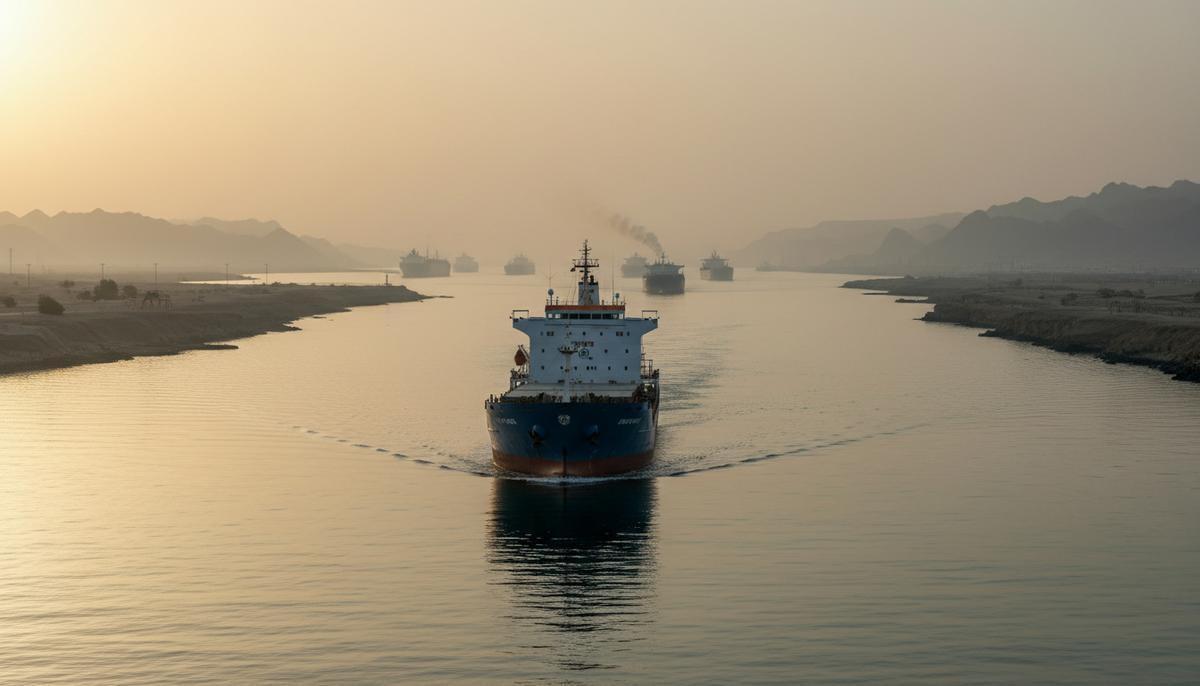 Контейнеровоз под флагом Индии плывет по узкому морскому проливу на рассвете. На фоне видны нефтяные танкеры и пустынный берег.