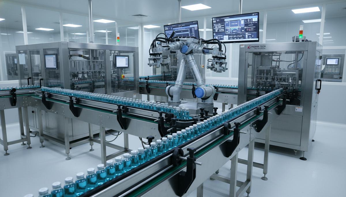 Современная автоматизированная линия по розливу и упаковке жидких лекарств на фармацевтическом заводе в Пакистане.