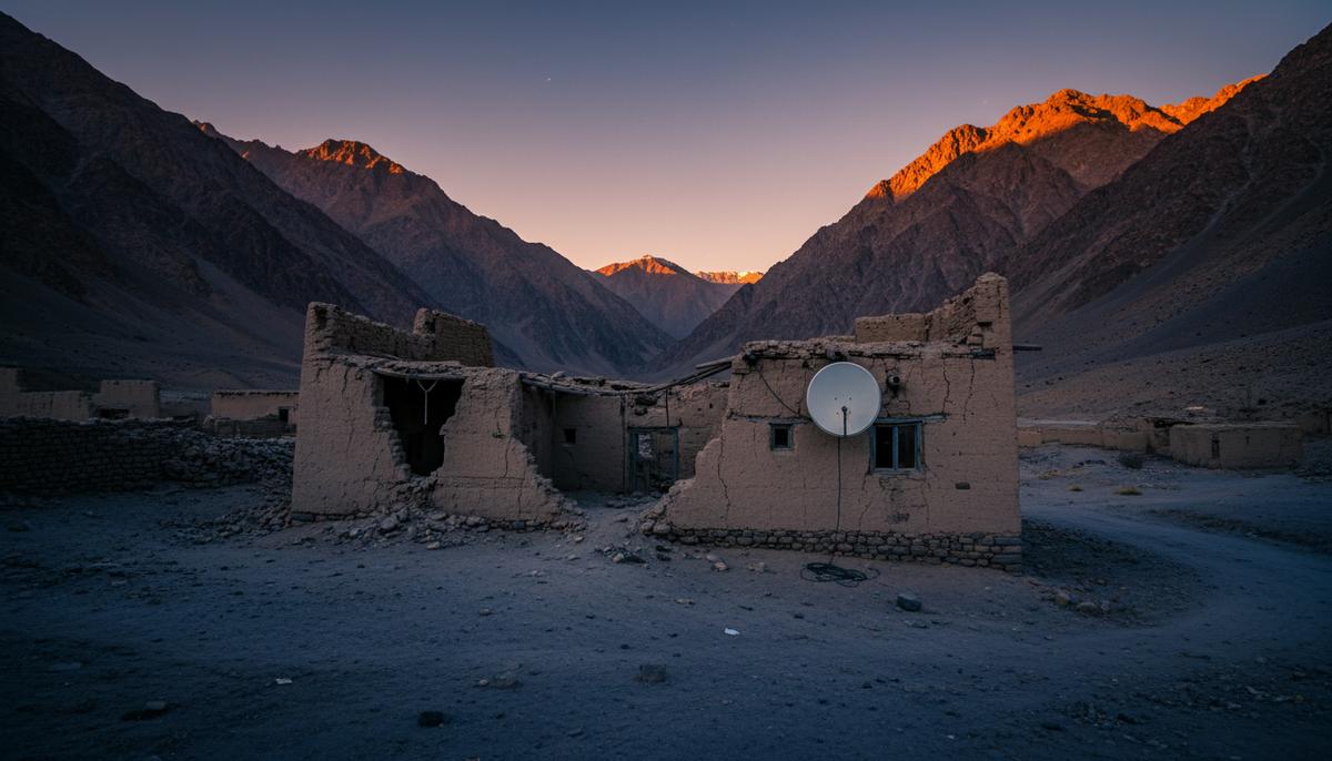Заброшенное глинобитное строение в суровой горной долине Афганистана на закате. На полуразрушенной стене установлена современная спутниковая тарелка.