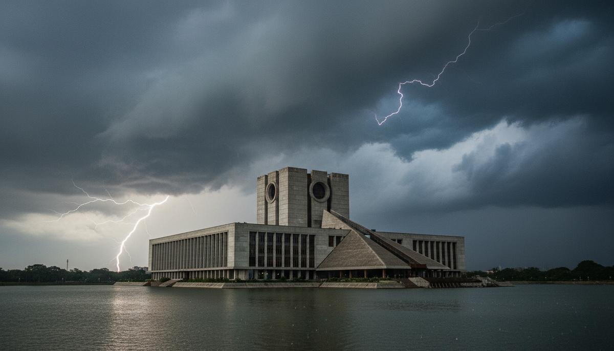Цена забвения: почему союз с Пакистаном – ловушка для Бангладеш Здание Национального парламента Бангладеш в Дакке на фоне темного, предгрозового неба.