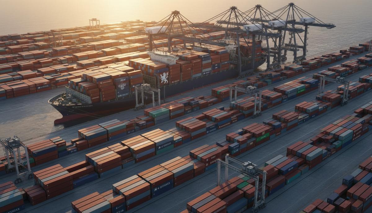 Контейнерный терминал в крупном порту на рассвете. Вид сверху на грузовые контейнеры и большое судно у причала.