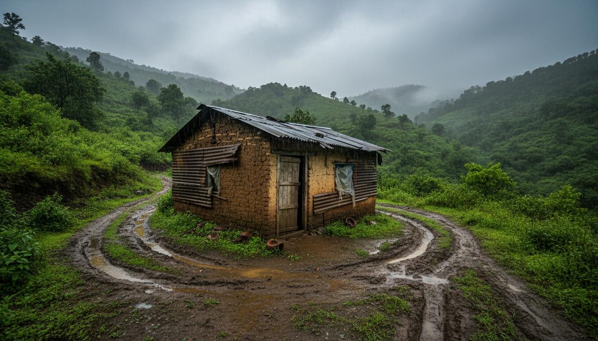 Самодельная хижина племени каткари на фоне зеленых холмов штата Махараштра, Индия, в сезон муссонов.