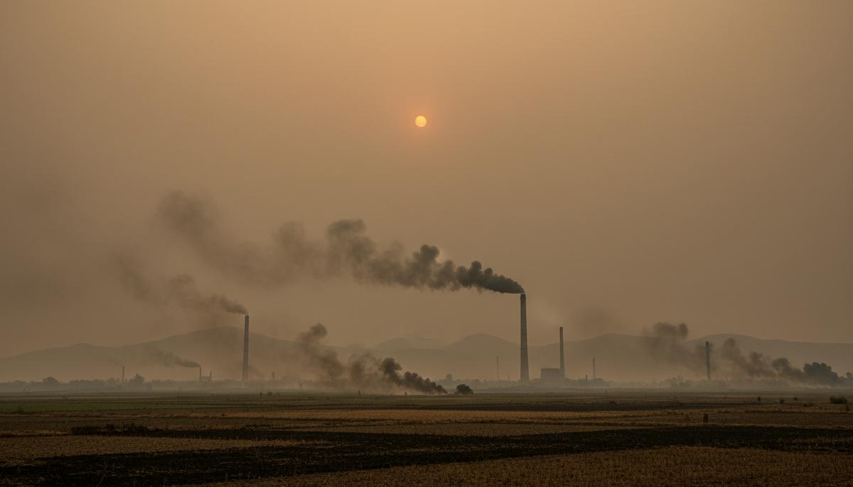 Густой оранжево-серый смог над Индо-Гангской равниной, на дальнем плане виднеются предгорья Гималаев и дымящие трубы.