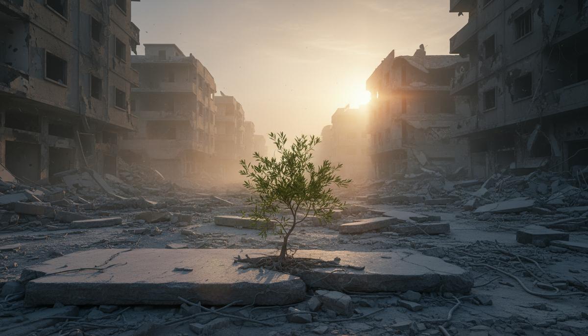 Рассвет над разрушенной улицей в Газе. Среди обломков зданий и бетона пробивается молодой росток оливкового дерева. Улица пуста.